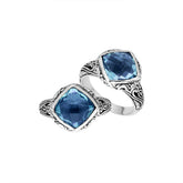 Sterling Silver Blue Topaz Quartz Cushion Statement Ring With Balinese Motif